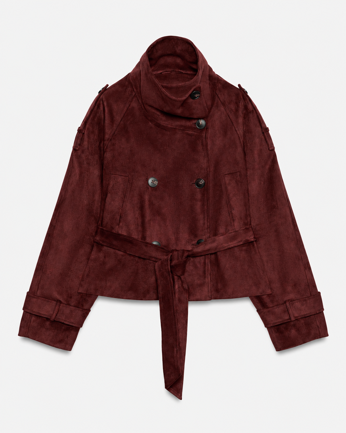Banbury Suede Belted Funnel-Neck Jacket in Burgundy
