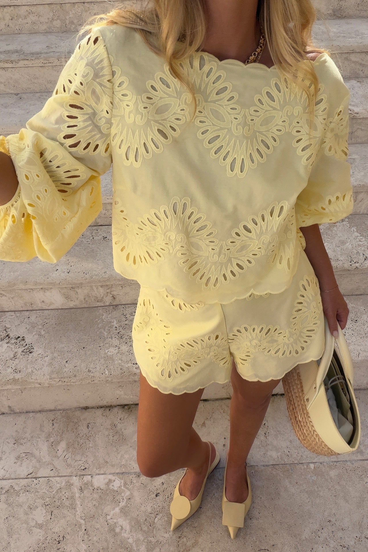 Elodie Eyelet Co-Ord Set in yellow