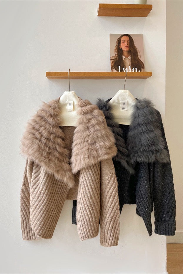 Diana Tricot Faux Fur Collar Ribbed Knit Cardigan