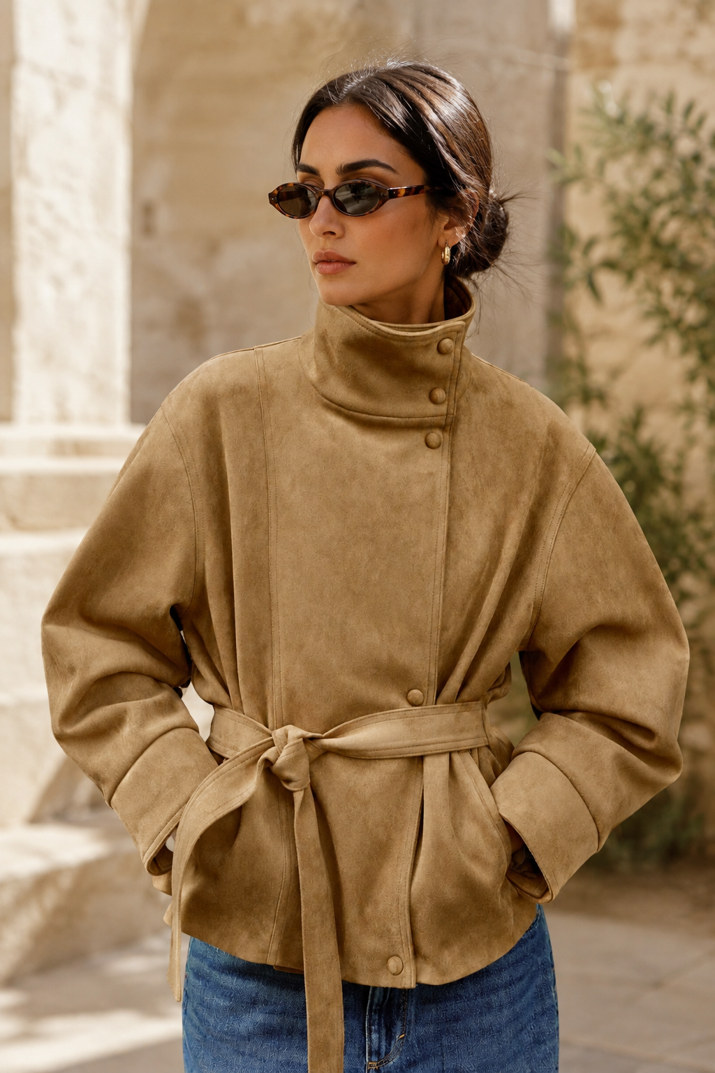 Banbury High-Neck Belted Suede Jacket