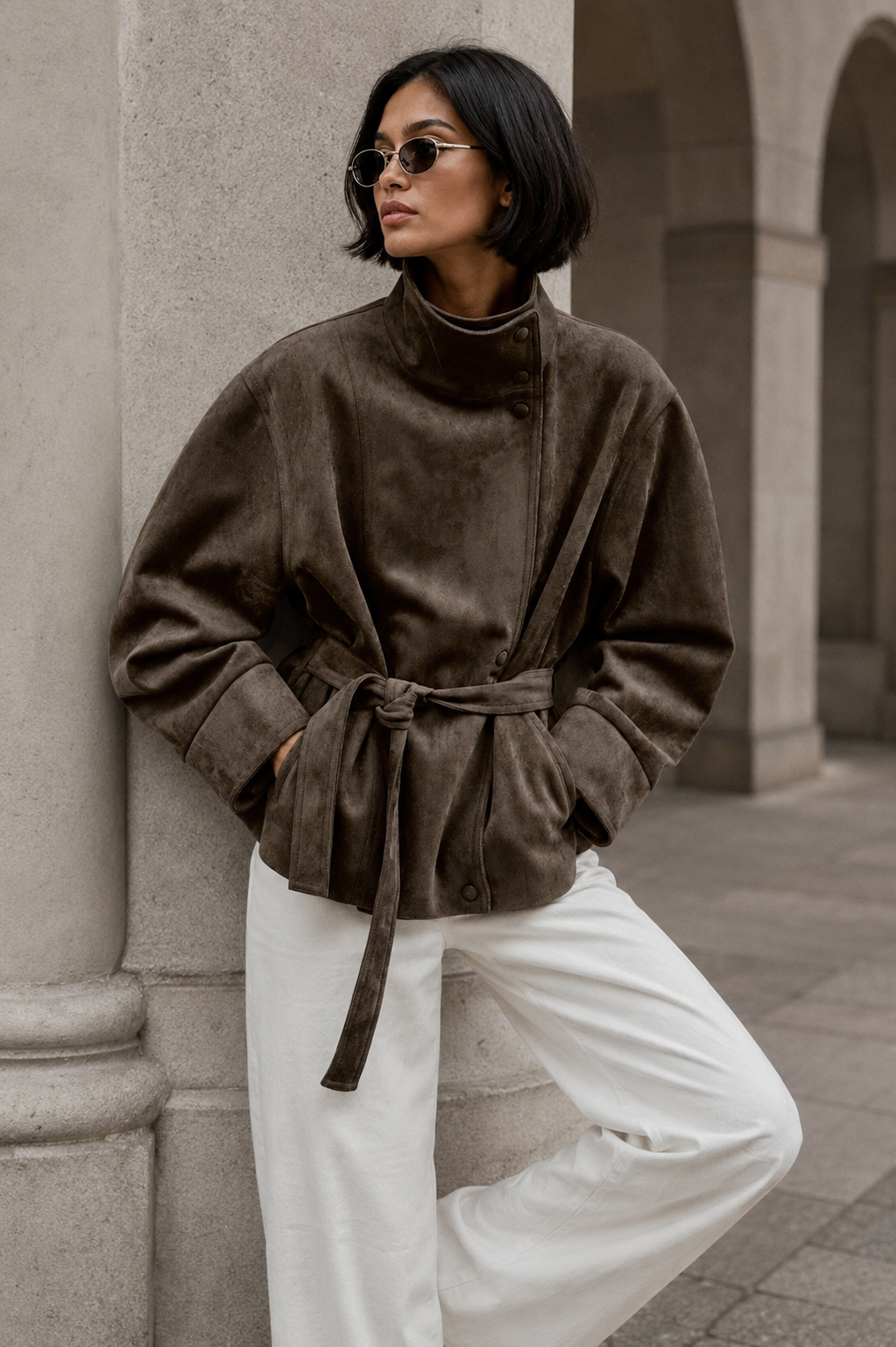 Banbury High-Neck Belted Suede Jacket