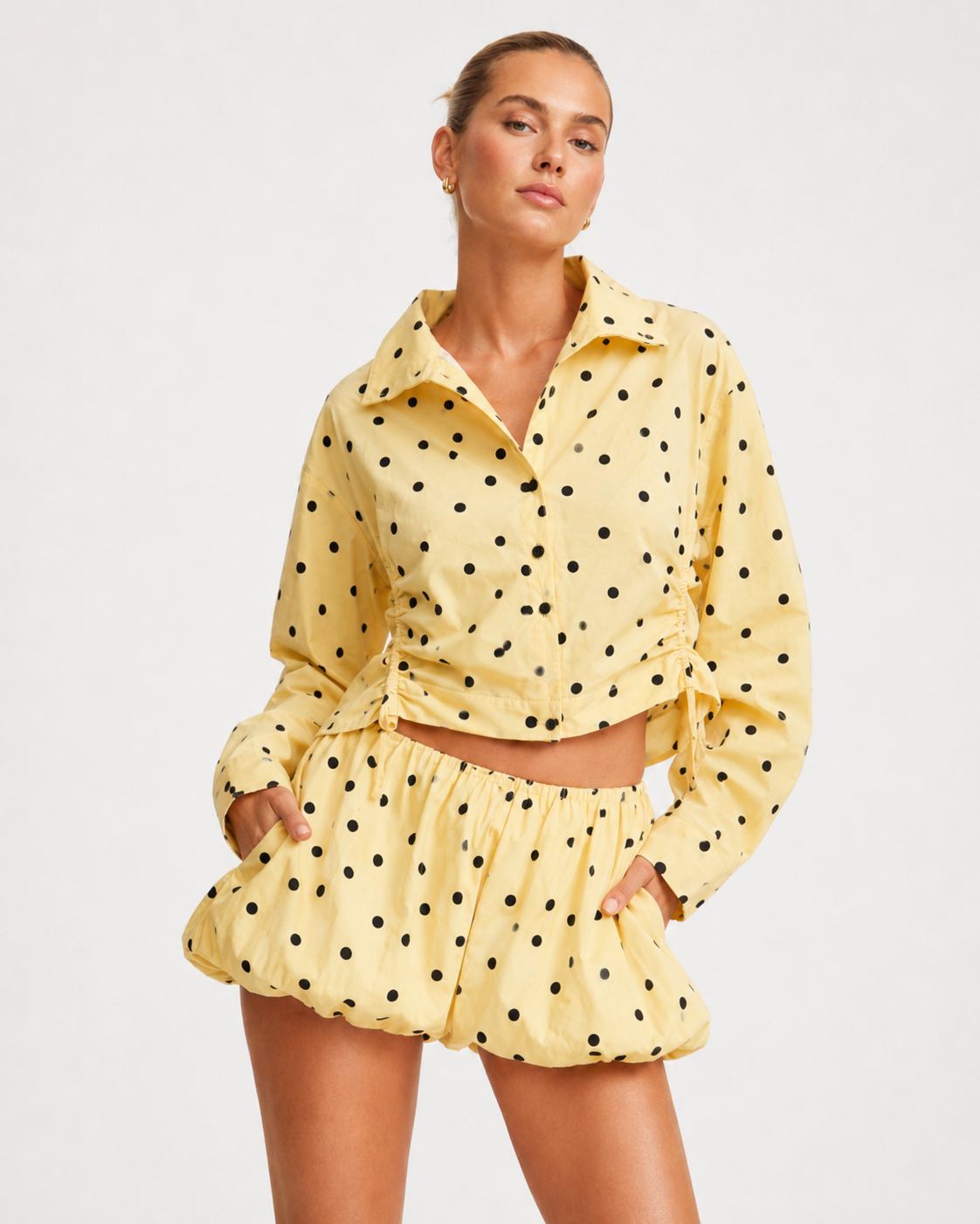 Butter Yellow Polka Dot Jacket & Bubble Shorts Set
