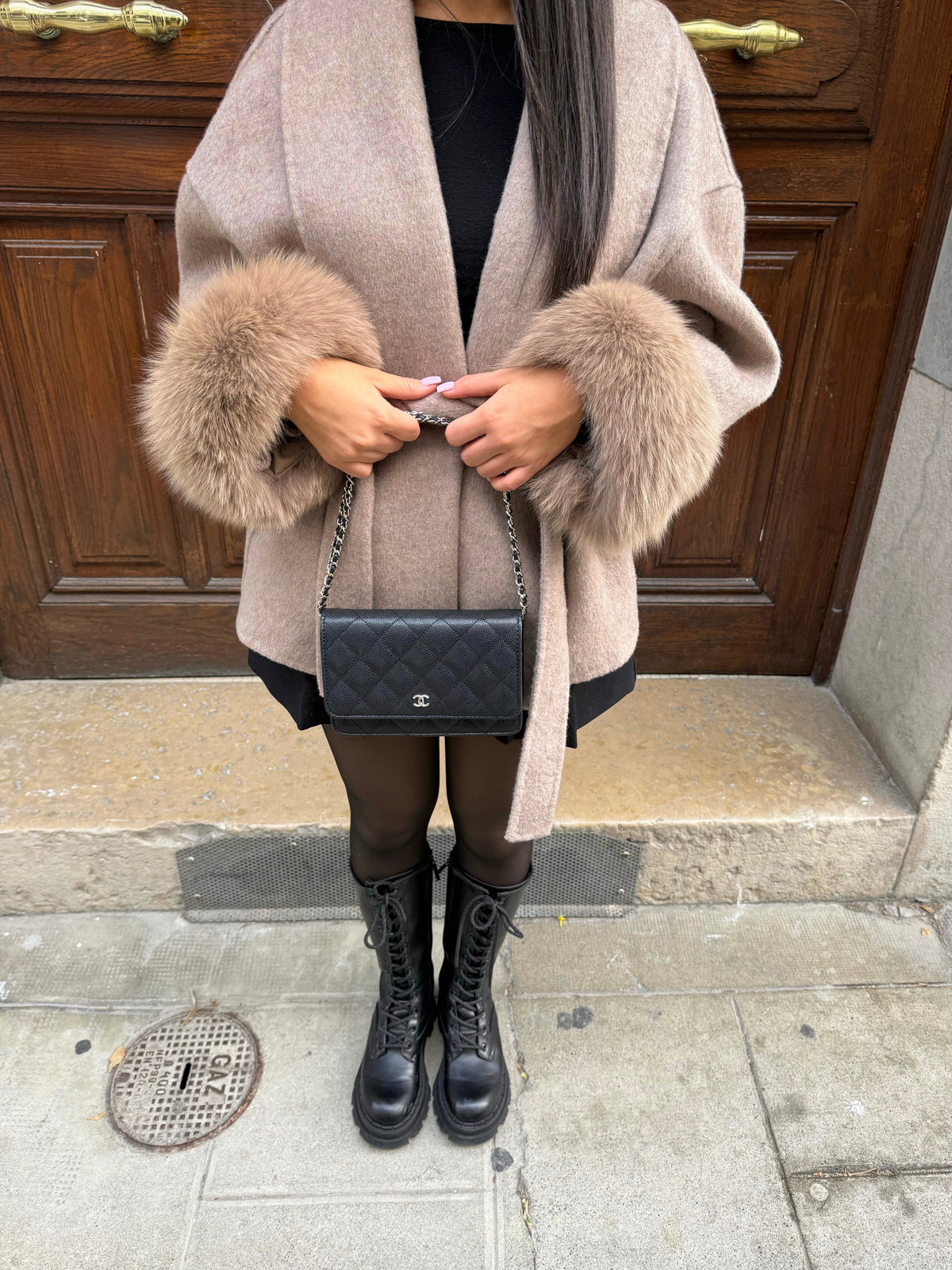 Diana Tricot Faux Fur Cuff Belted Wool Coat in Camel