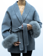Diana Tricot Faux Fur Cuff Belted Wool Coat in Dark Gray