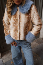 Ferryhill Bambi Blue Jacket – fawn print faux fur with blue fur collar and cuffs, front