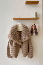 Diana Tricot Faux Fur Collar Ribbed Knit Cardigan in Khaki