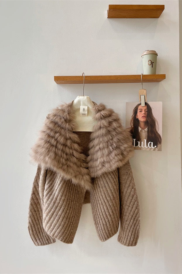 Diana Tricot Faux Fur Collar Ribbed Knit Cardigan in Khaki
