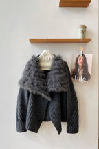 Diana Tricot Faux Fur Collar Ribbed Knit Cardigan in Grey