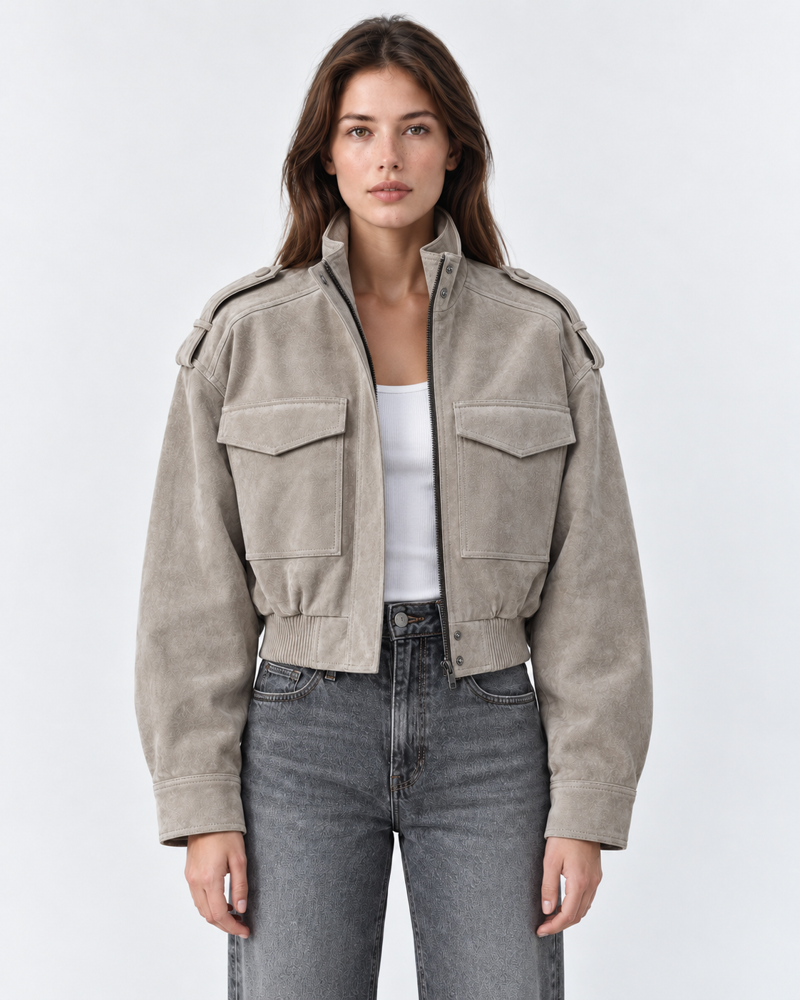 Maven Suede Cropped Bomber Jacket in Gray