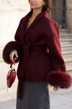 Diana Tricot Faux Fur Cuff Belted Wool Coat in Burgundy