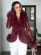 Ferryhill Lace Faux Fur Trim Jacket - Burgundy