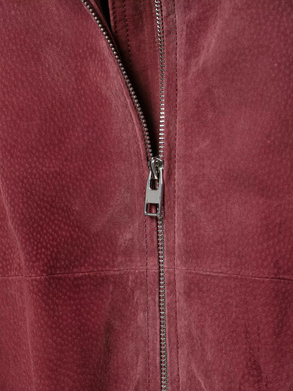 Silver full-length zip detail on marsala bomber jacket