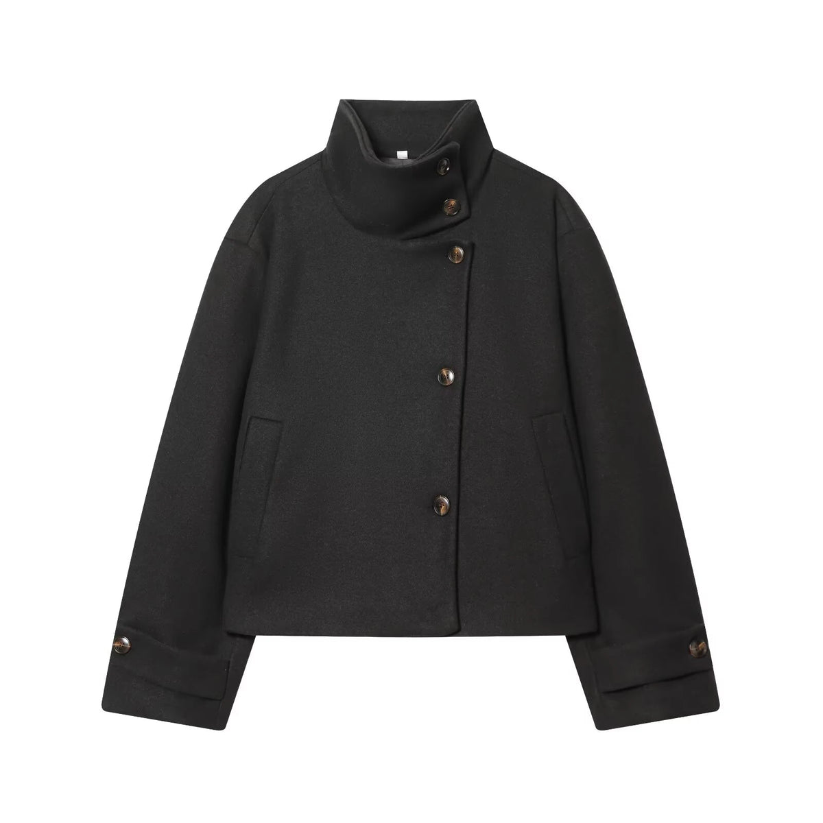 Diana Tricot Stand Collar Cropped Wool Jacket in Black
