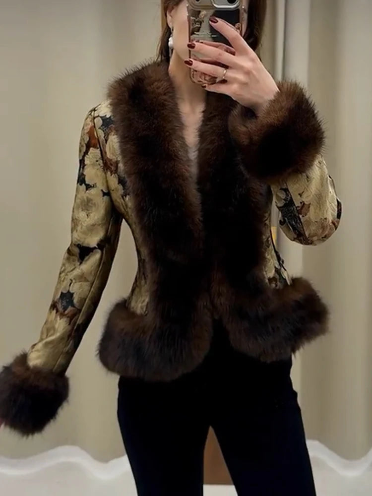 Verona Faux Fur Trim Jacket in tapestry jacquard