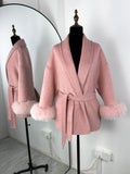 Diana Tricot Faux Fur Cuff Belted Wool Coat in Pink
