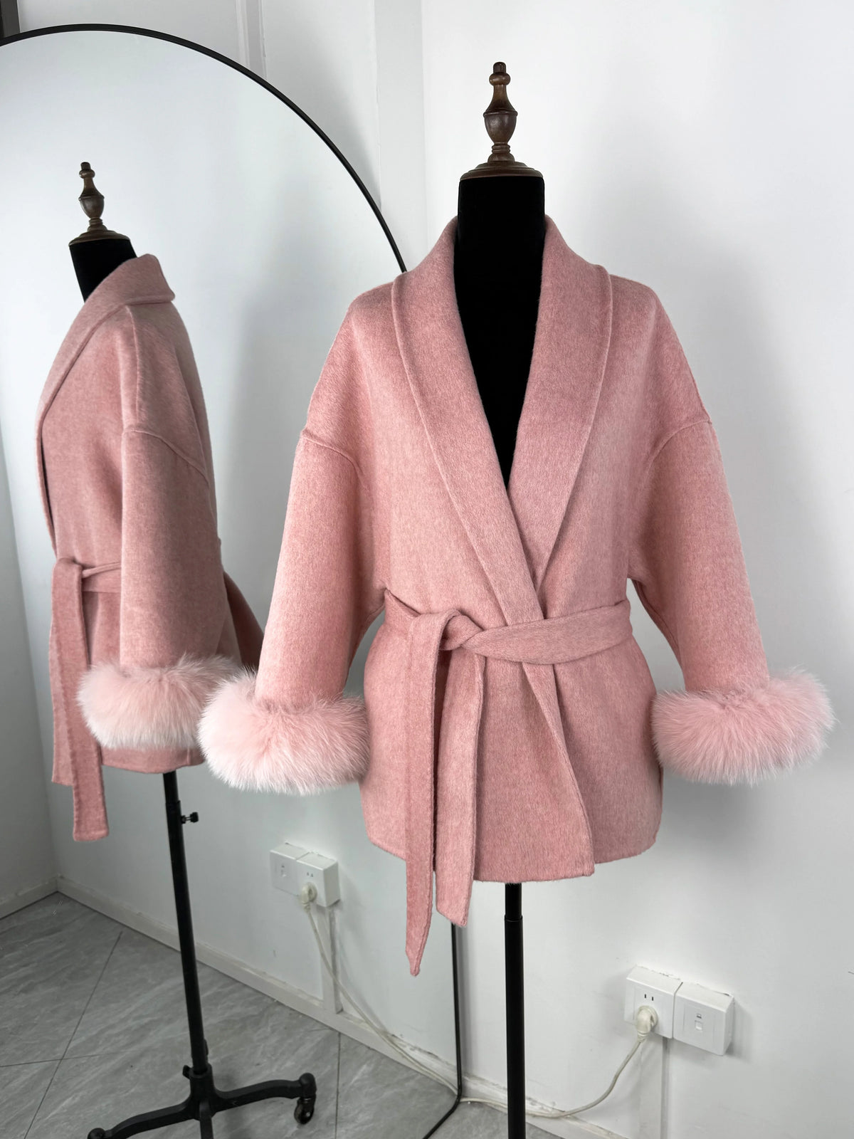 Diana Tricot Faux Fur Cuff Belted Wool Coat in Pink