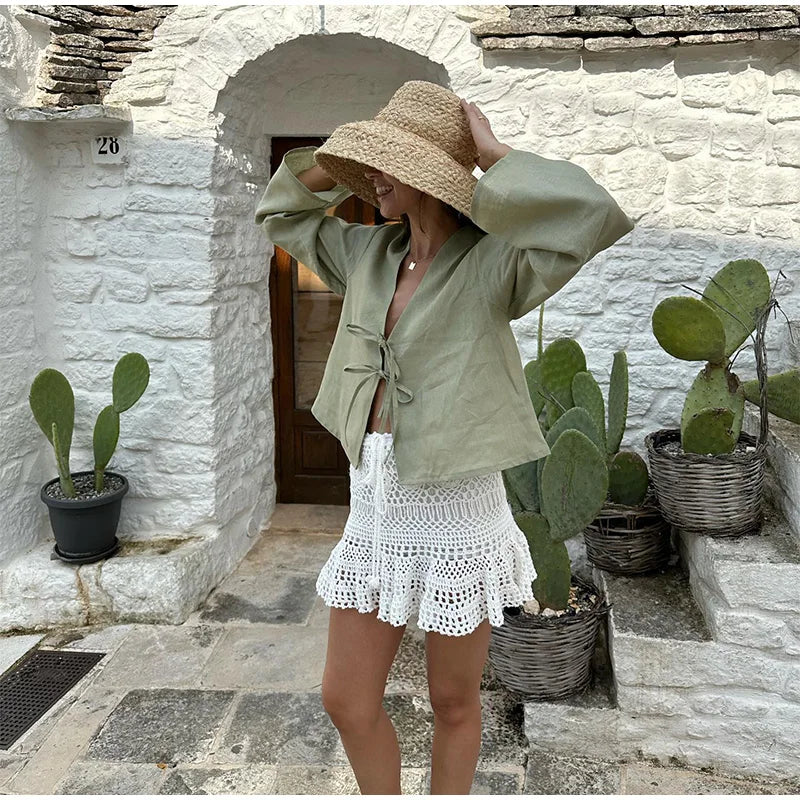 Sicily Front-Tie Linen Top