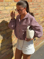 Burgundy gingham check funnel-neck jacket, front
