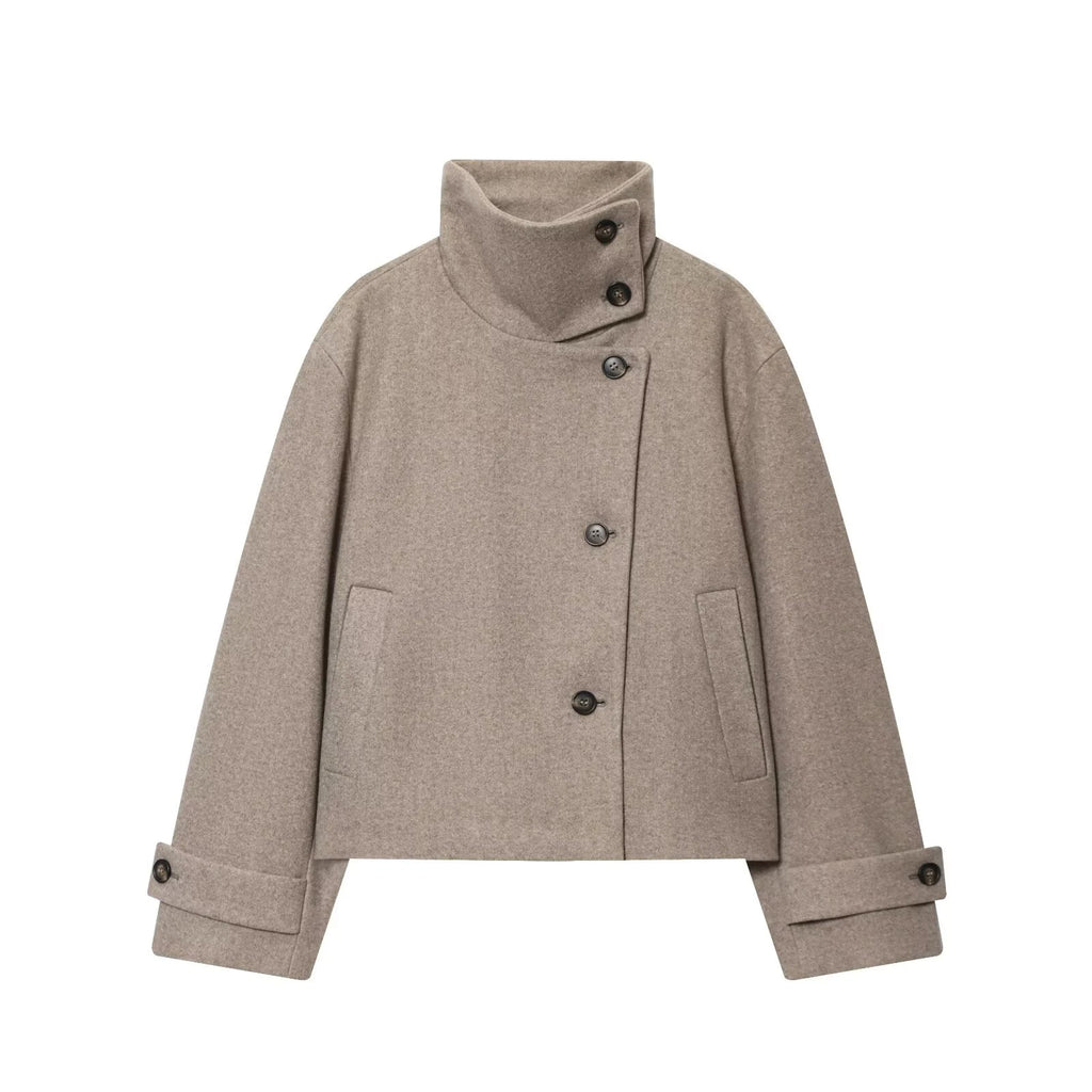 Diana Tricot Stand Collar Cropped Wool Jacket in Light Khaki
