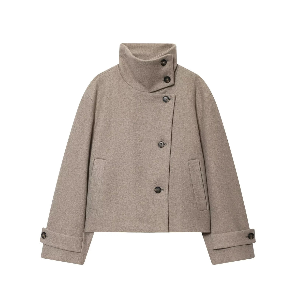 Diana Tricot Stand Collar Cropped Wool Jacket in Light Khaki