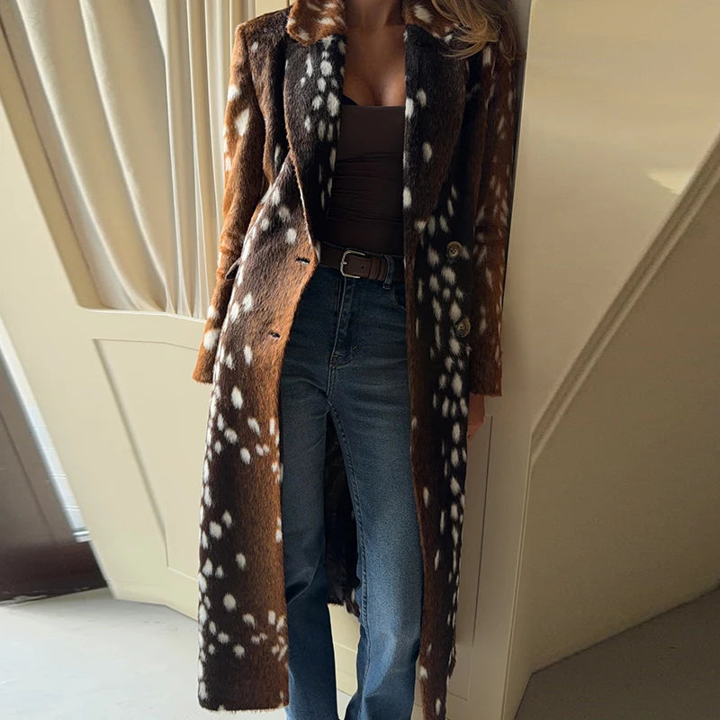 Ferryhill Fawn Print Faux Fur Long Coat - back