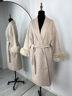 Diana Tricot Faux Fur Cuff Belted Wool Coat - Long in Khaki