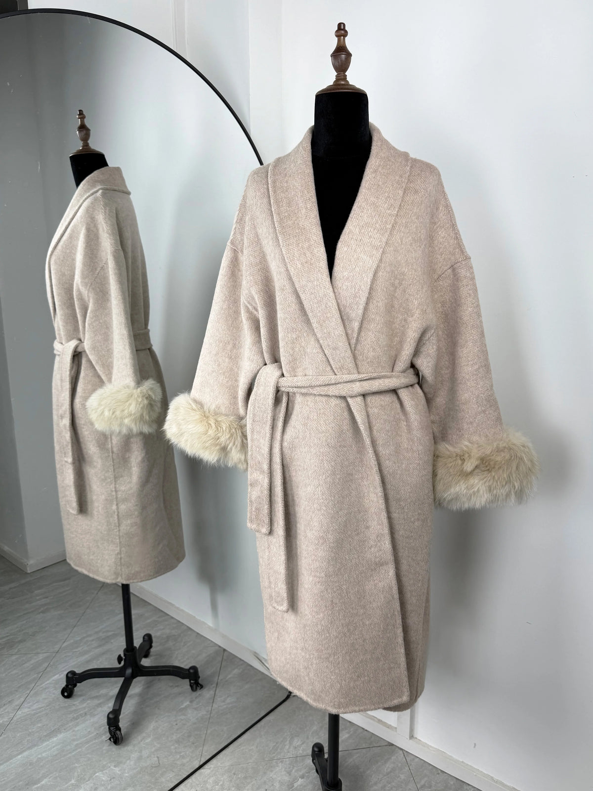 Diana Tricot Faux Fur Cuff Belted Wool Coat - Long in Khaki
