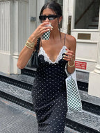 Kendall Lace Trim Polka Dot Maxi Dress Black / S