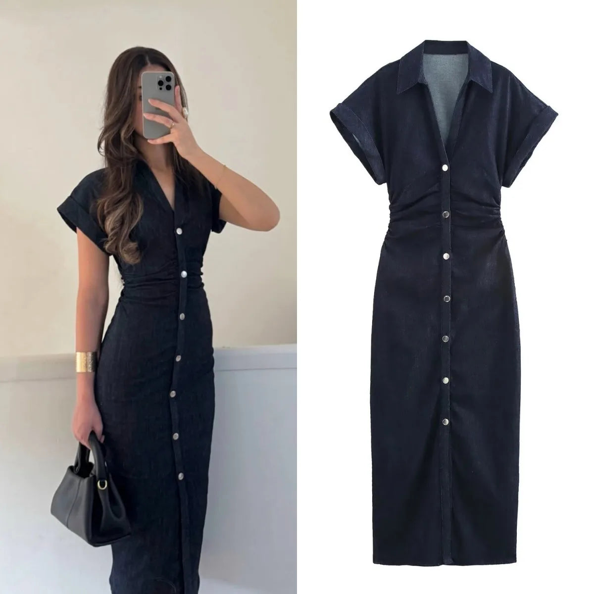 Diana Tricot Snatched Waist Denim Midi Dress