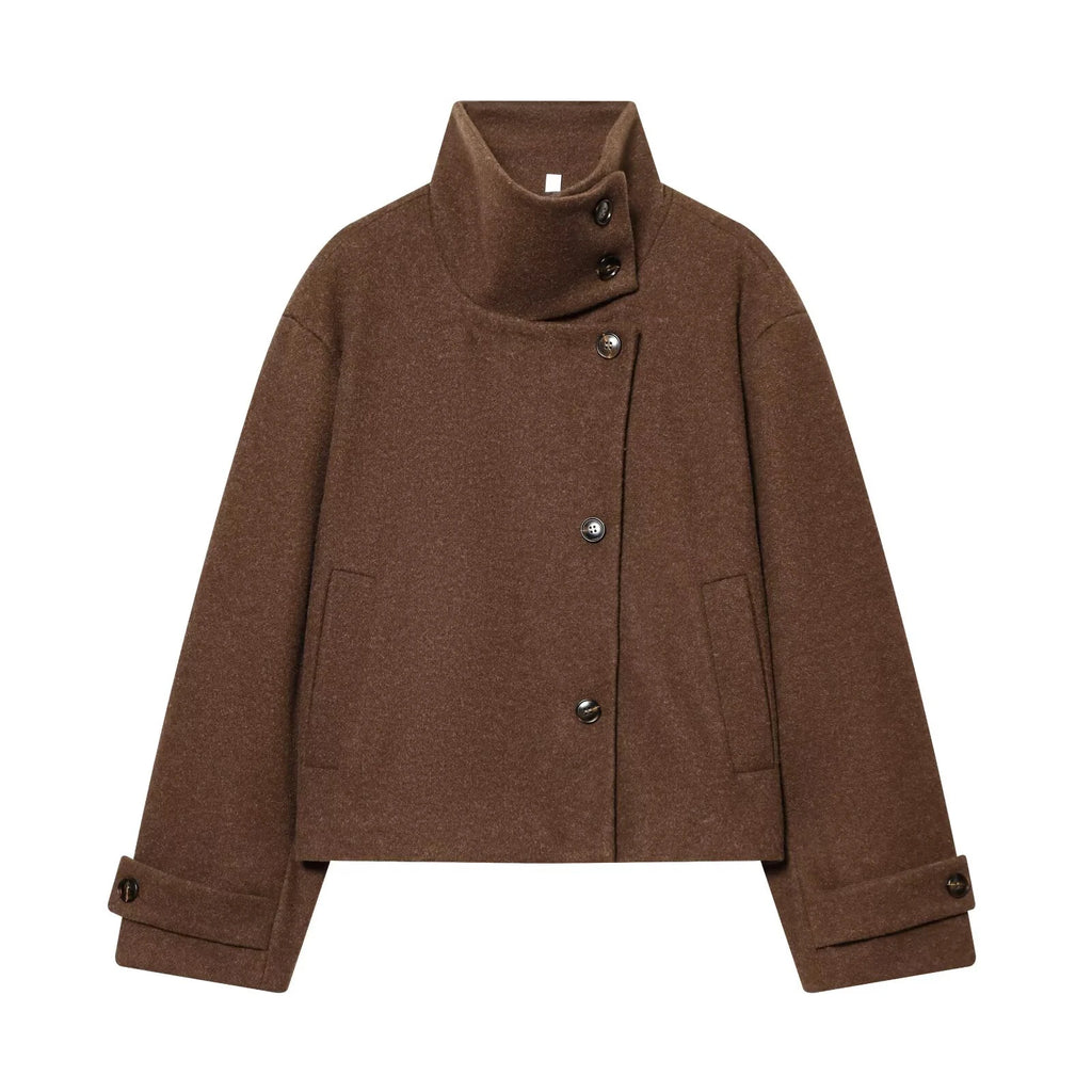 Diana Tricot Stand Collar Cropped Wool Jacket in Brown