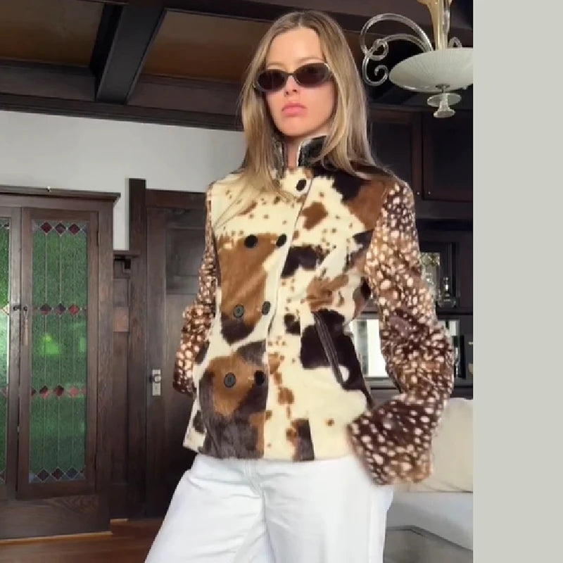 Ferryhill Faux Fur Fawn Print Cropped Jacket - three-quarter view