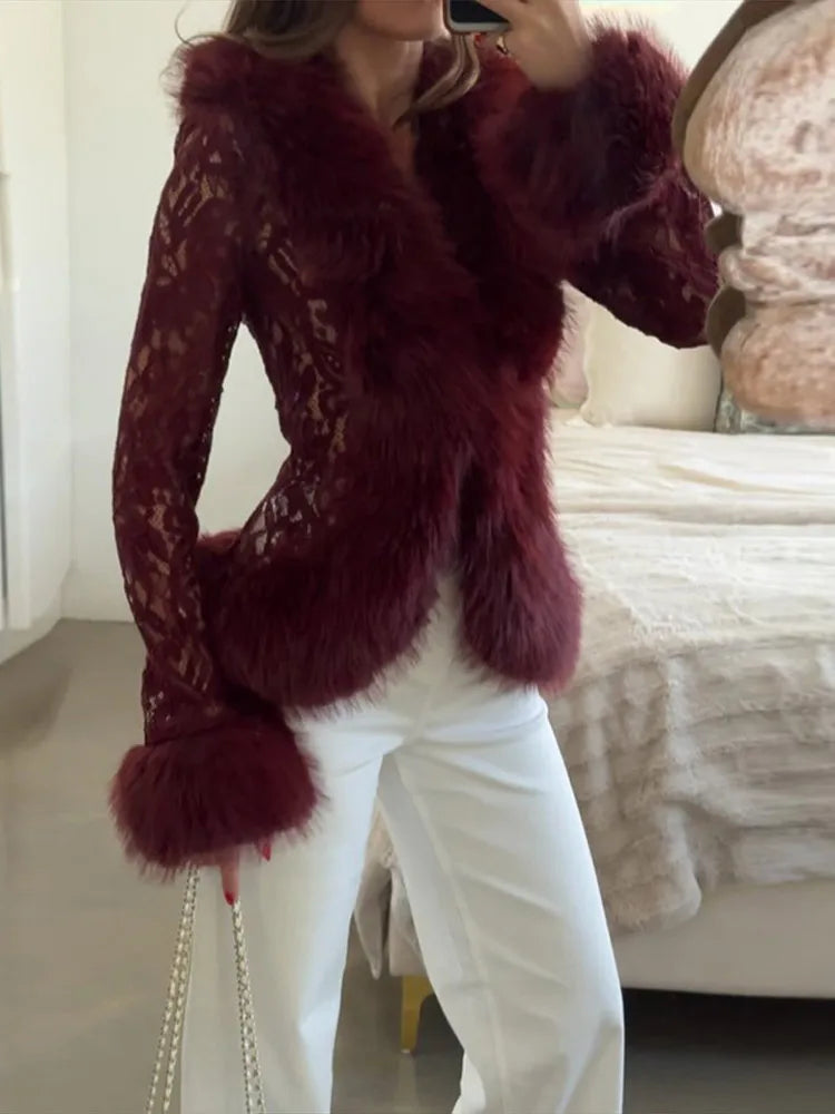 Ferryhill Lace Faux Fur Trim Jacket - Burgundy detail