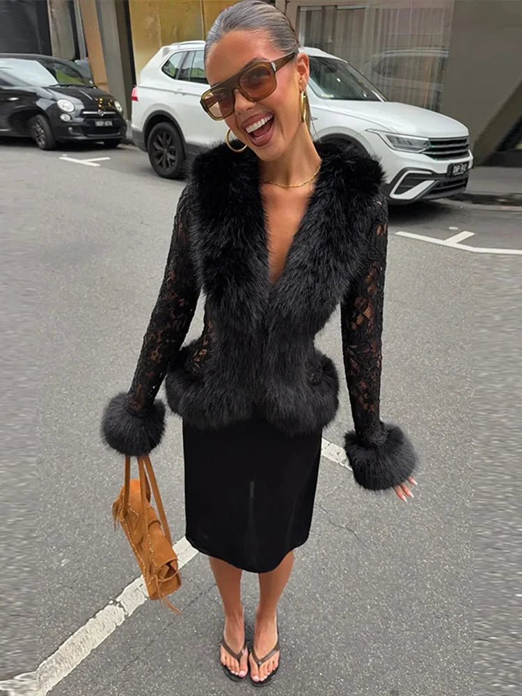 Ferryhill Lace Faux Fur Trim Jacket - Black