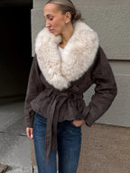 Ferryhill Oversized Fur Collar Belted Jacket in charcoal