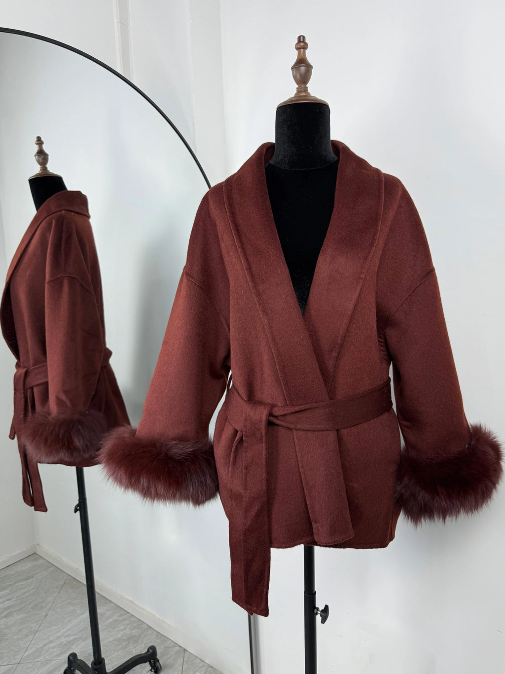 Diana Tricot Faux Fur Cuff Belted Wool Coat in Brick Red