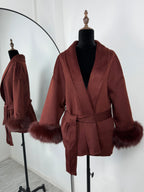 Diana Tricot Faux Fur Cuff Belted Wool Coat in Brick Red
