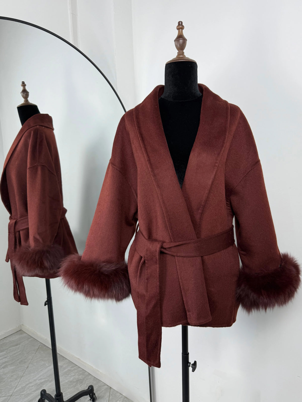 Diana Tricot Faux Fur Cuff Belted Wool Coat in Brick Red