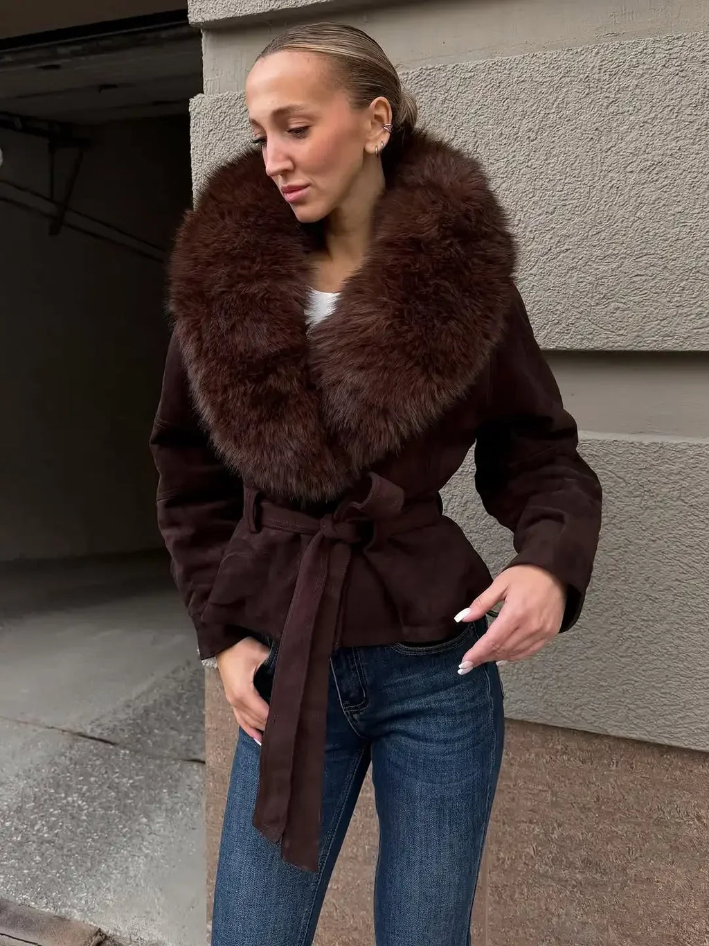 Ferryhill Oversized Fur Collar Belted Jacket in dark brown