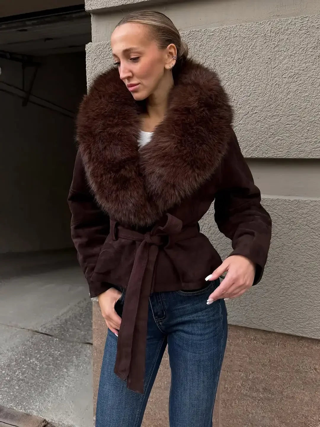 Ferryhill Oversized Fur Collar Belted Jacket in dark brown