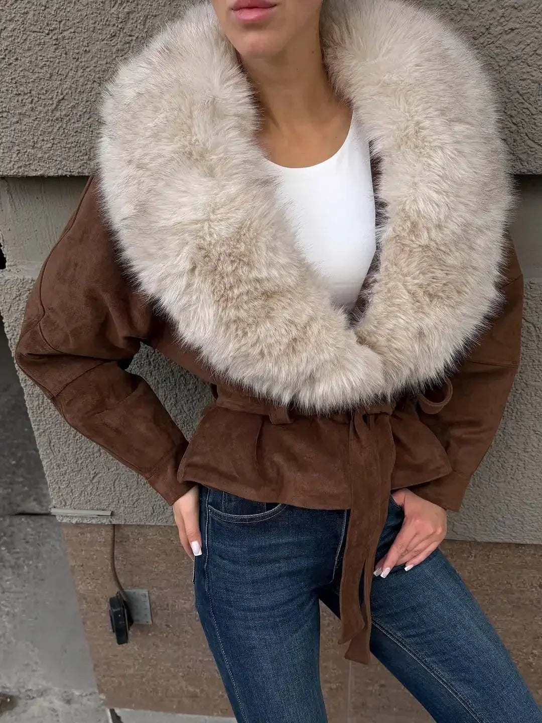 Ferryhill Oversized Fur Collar Belted Jacket in brown