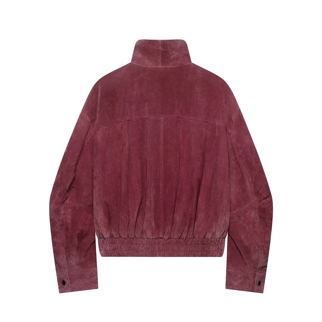 Marsala faux suede bomber jacket, back view