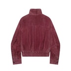 Marsala faux suede bomber jacket, back view
