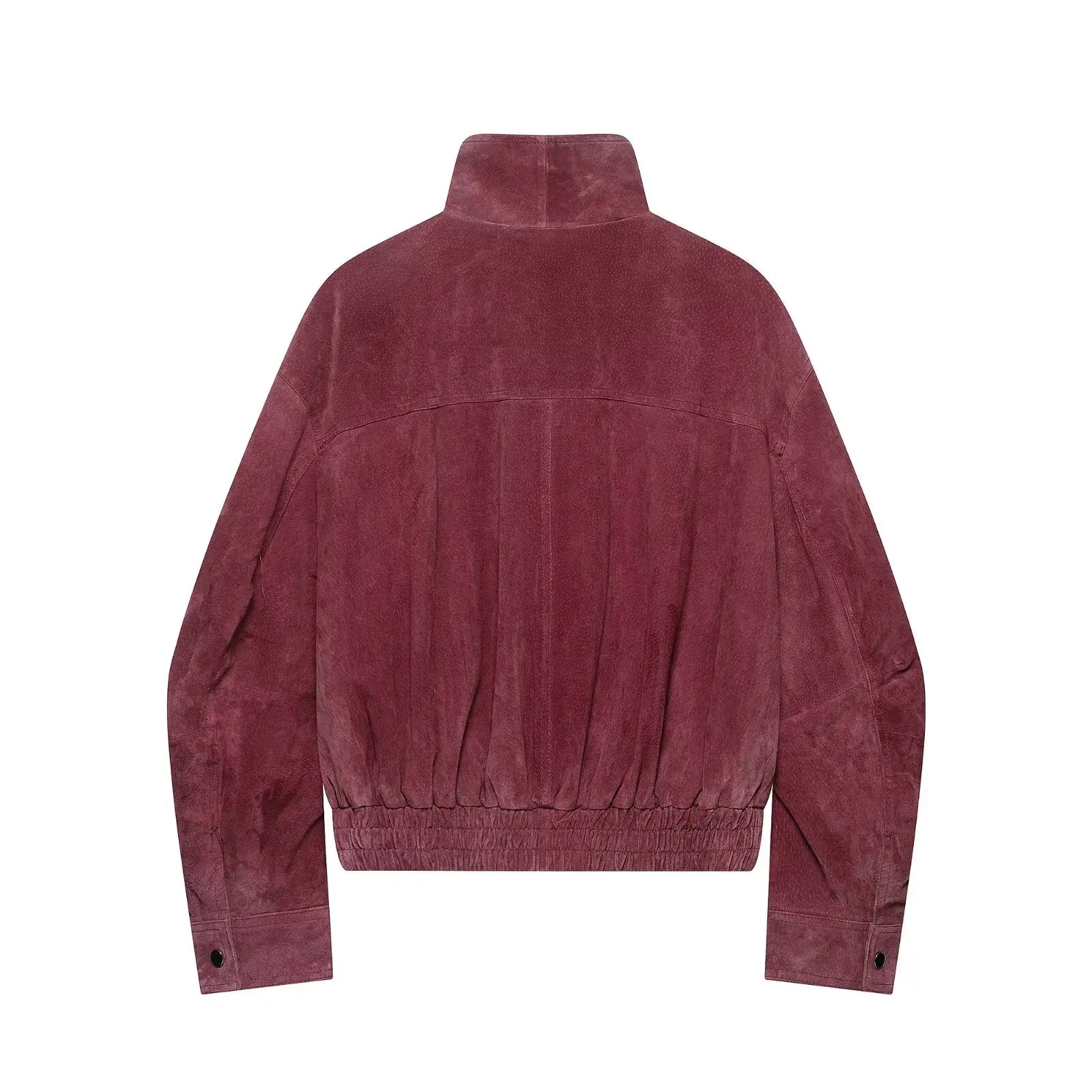 Marsala faux suede bomber jacket, back view