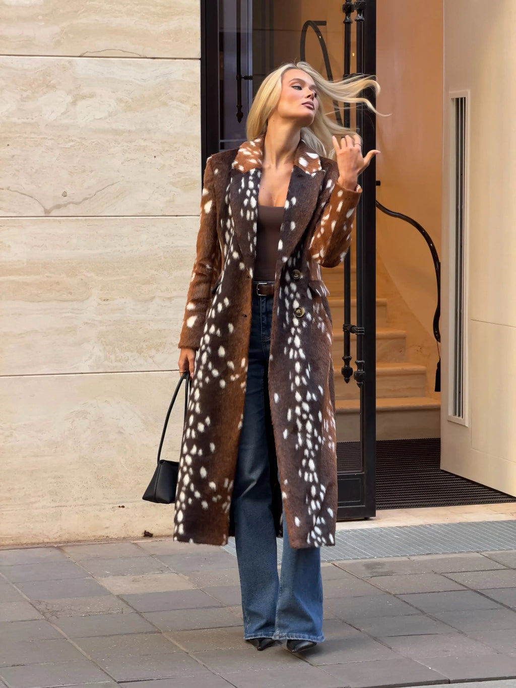 Ferryhill Fawn Print Faux Fur Long Coat - styled