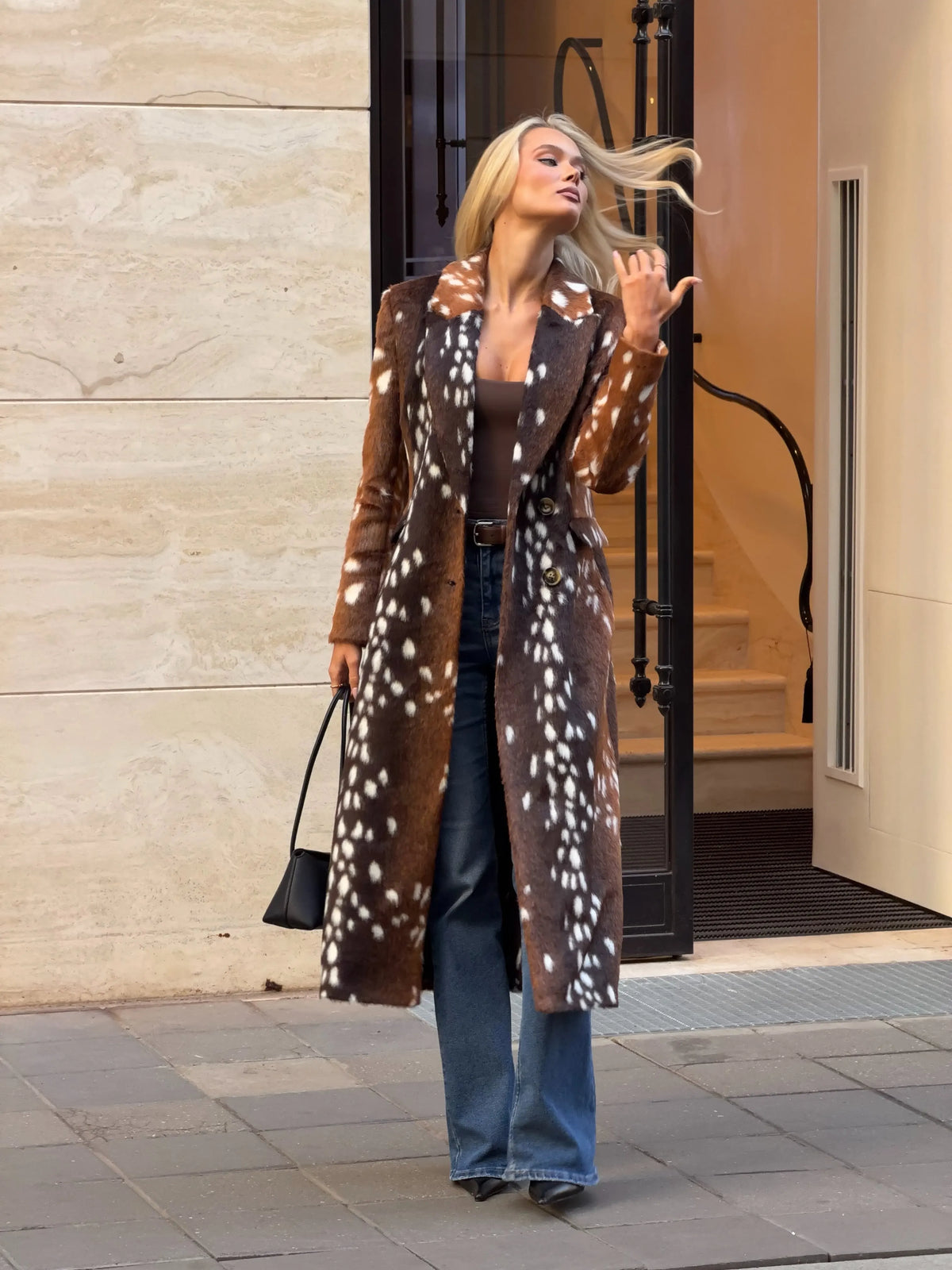 Ferryhill Fawn Print Faux Fur Long Coat - styled