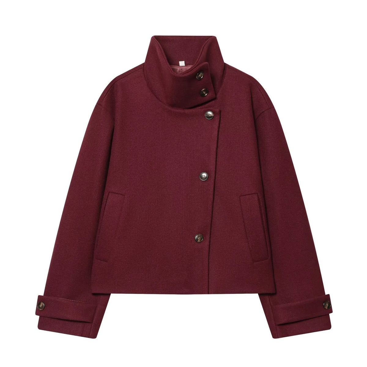 Diana Tricot Stand Collar Cropped Wool Jacket in Burgundy