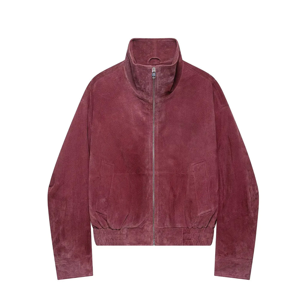 Marsala faux suede bomber jacket, front view