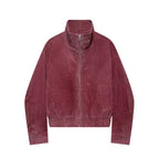 Marsala faux suede bomber jacket, front view