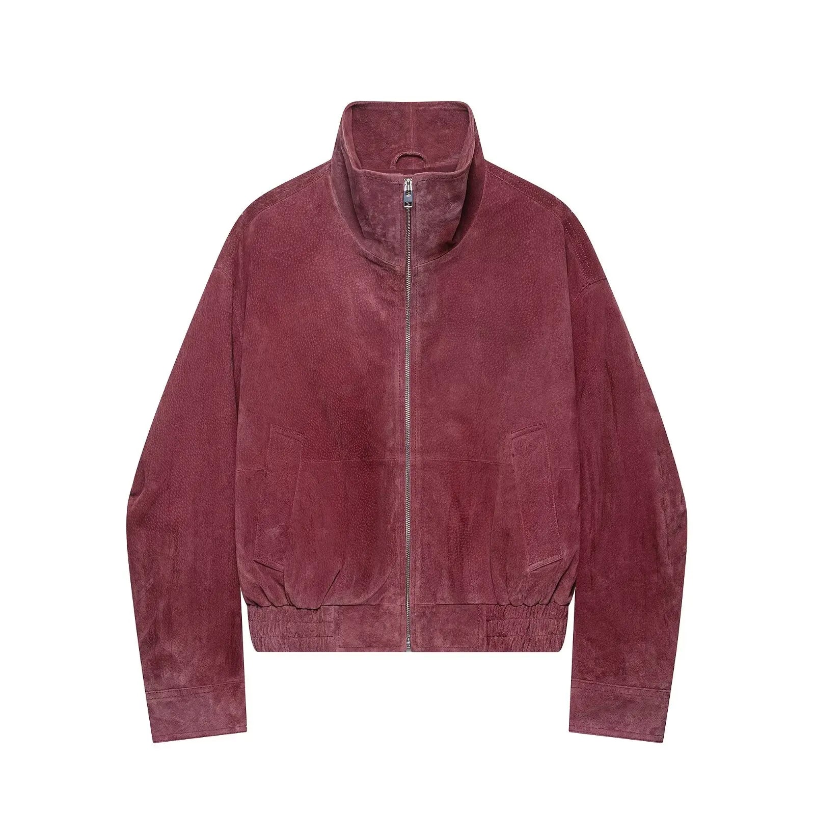Marsala faux suede bomber jacket, front view