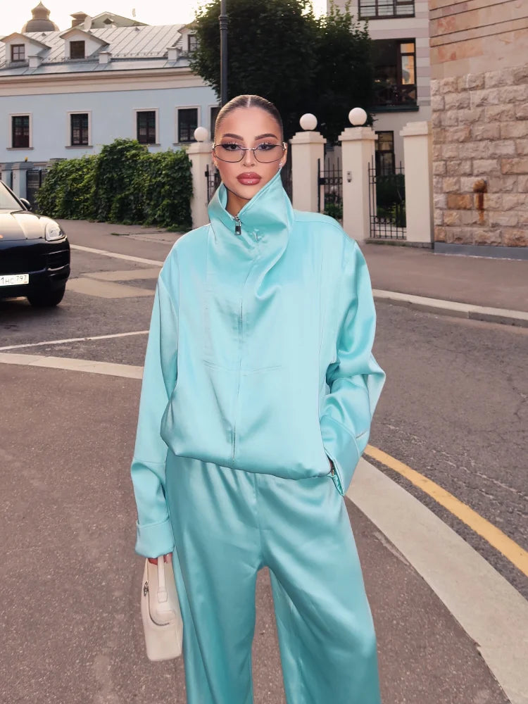 Kendall Satin Zip Co-Ord Set blue